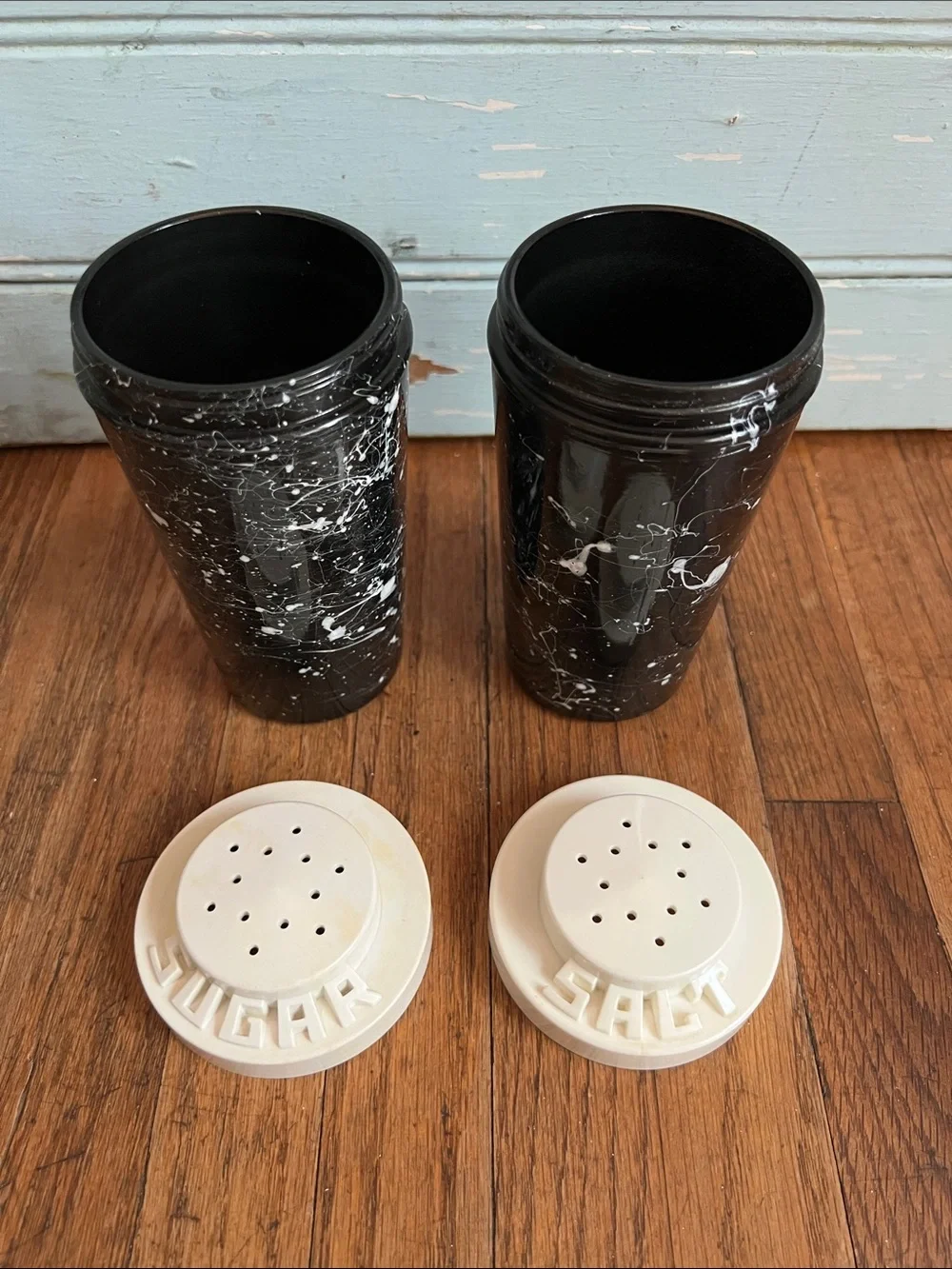 Vintage MCM Glass Black Marble Salt and Sugar Shaker Set with Plastic Lids